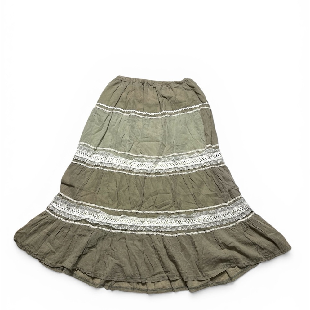 2000s Vintage Y2K Olive Boho Tiered Maxi Skirt with Lace Trim